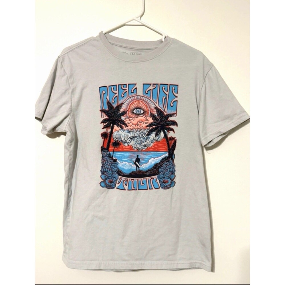 Reel Life Men's Short Sleeve Graphic Tee Size M Light Grey